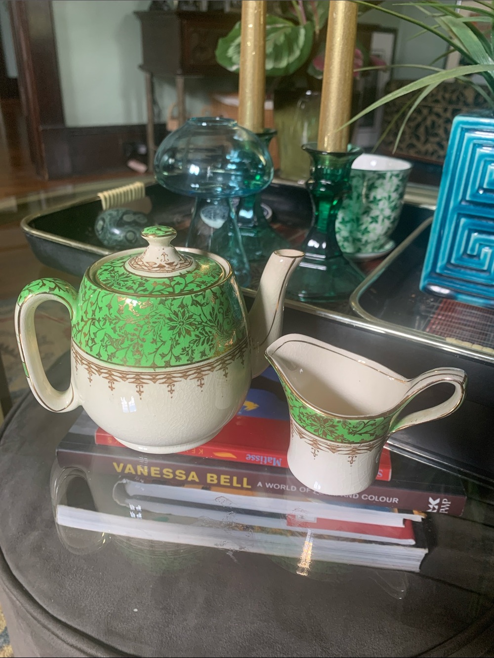 Royal Winton Green and Cream with Gold Decorative Teapot and Creamer Set